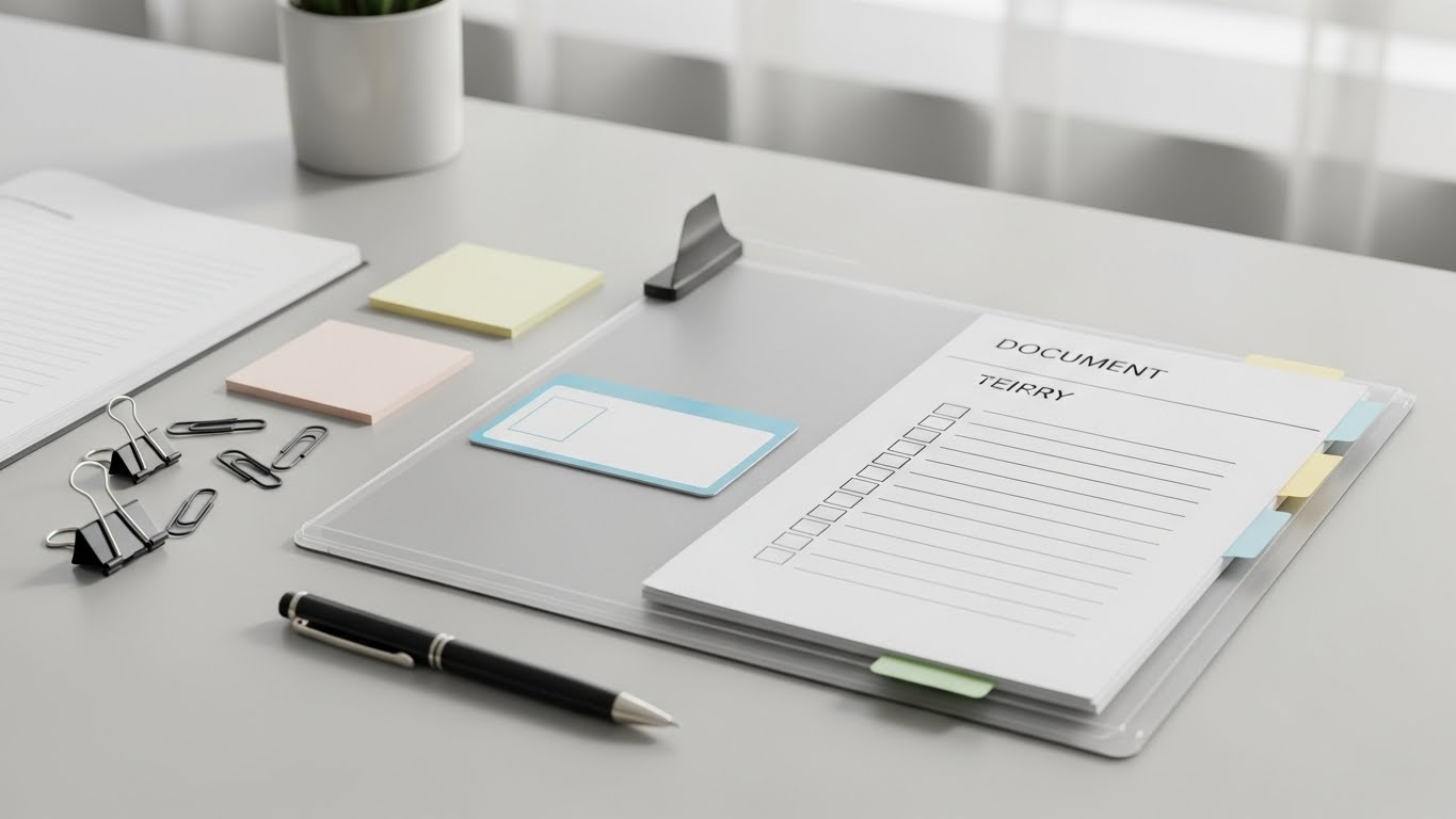 서류 준비를 상징하는 투명 파일과 체크리스트 이미지